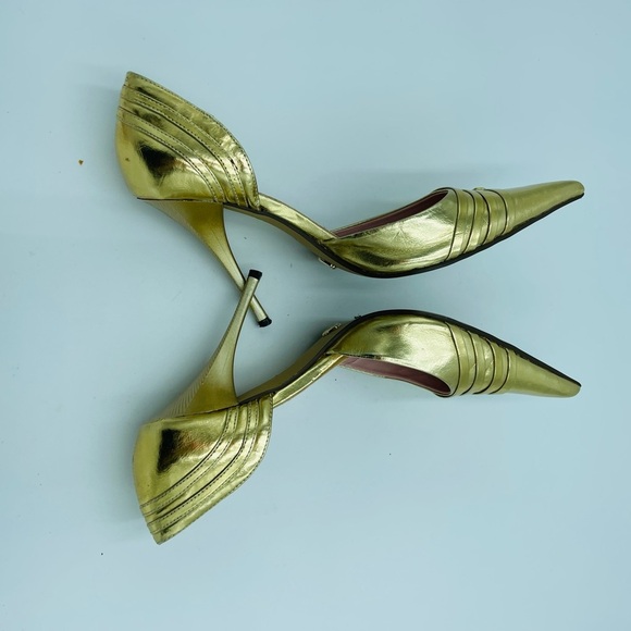 Chrome Gold Metallic Shiny Buckle Pointed Toe Stilettos - Picture 6 of 8